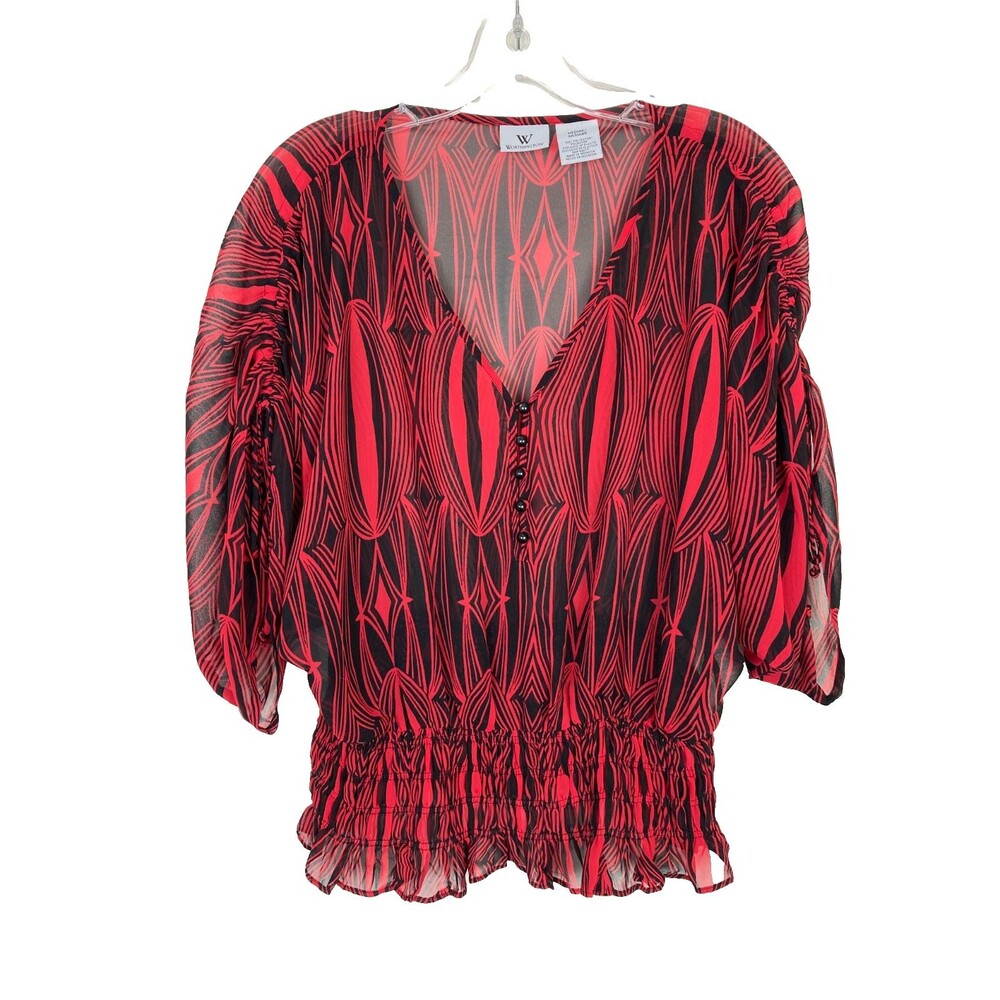 Worthington V-Neck Sheer Blouse Size M Red Black Smocked Waist Geometric Artsy